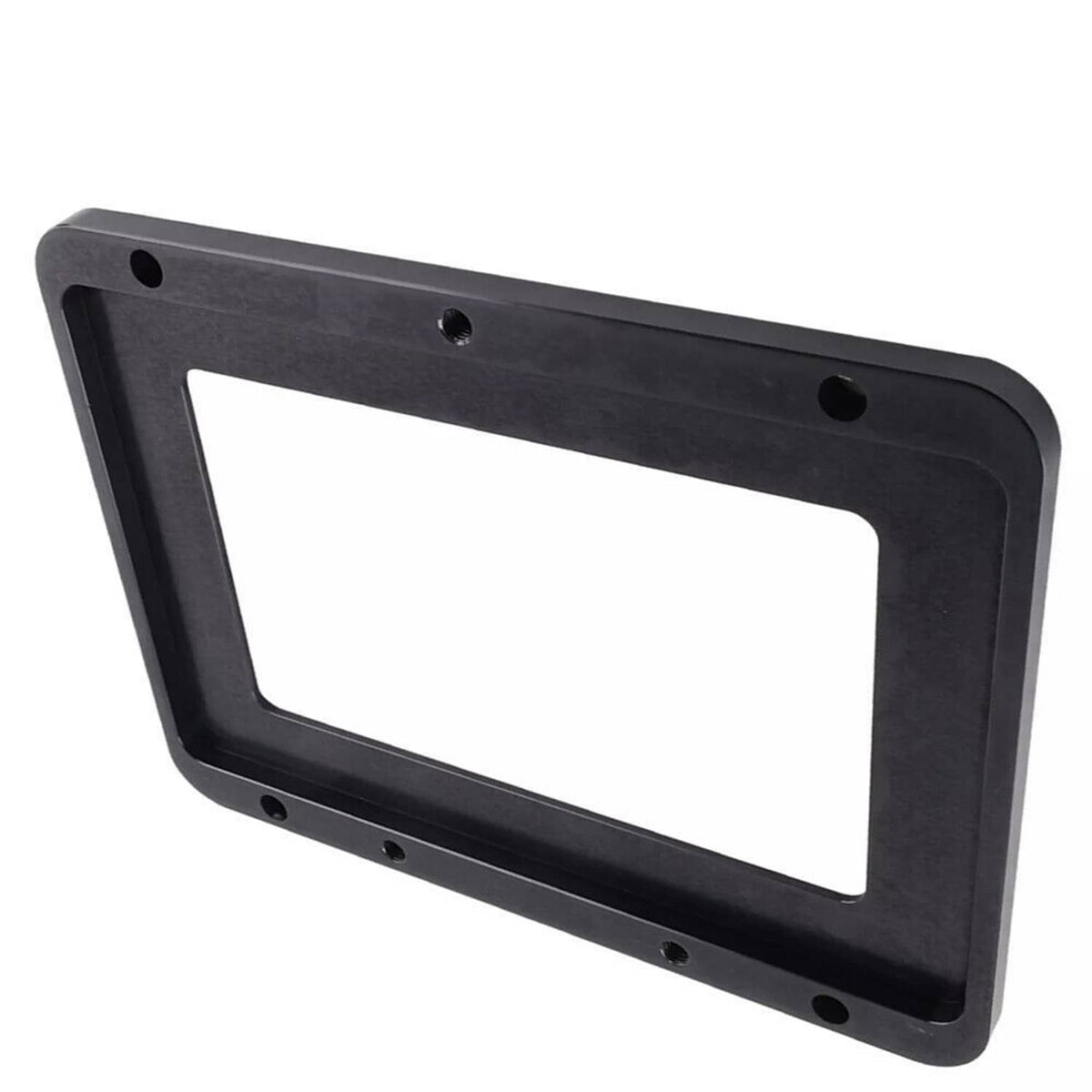 Black aluminum rectangular mounting plate with cutout and corner holes