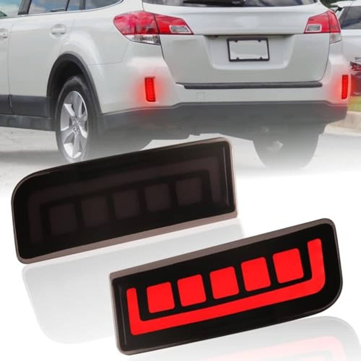 LED rear bumper reflector lights with red bars and smoked lenses, installed as a pair