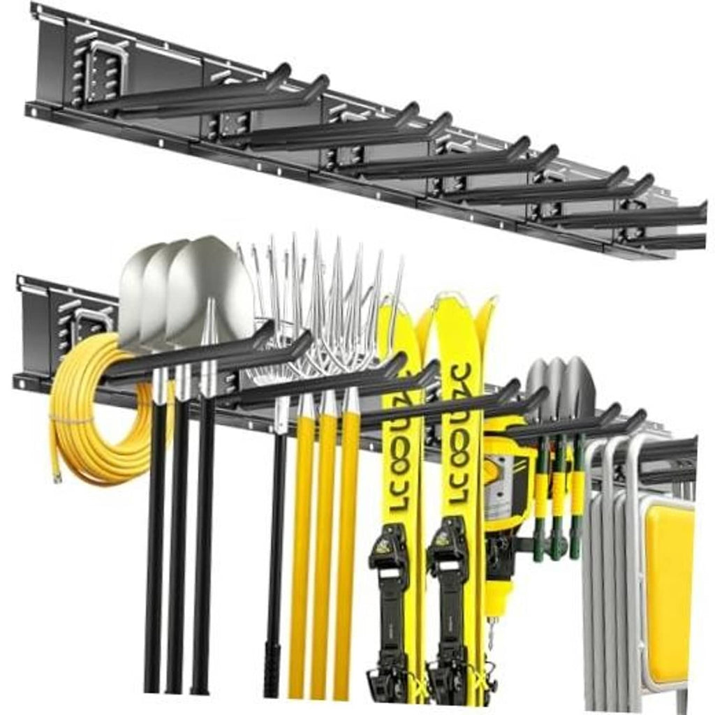 Wall-mounted tool organizer rack with long straight hooks, black metal.