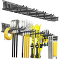 Wall-mounted tool organizer rack with long straight hooks, black metal.