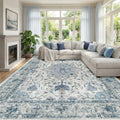 Rectangular washable area rug with blue, white, and gray ornate distressed pattern