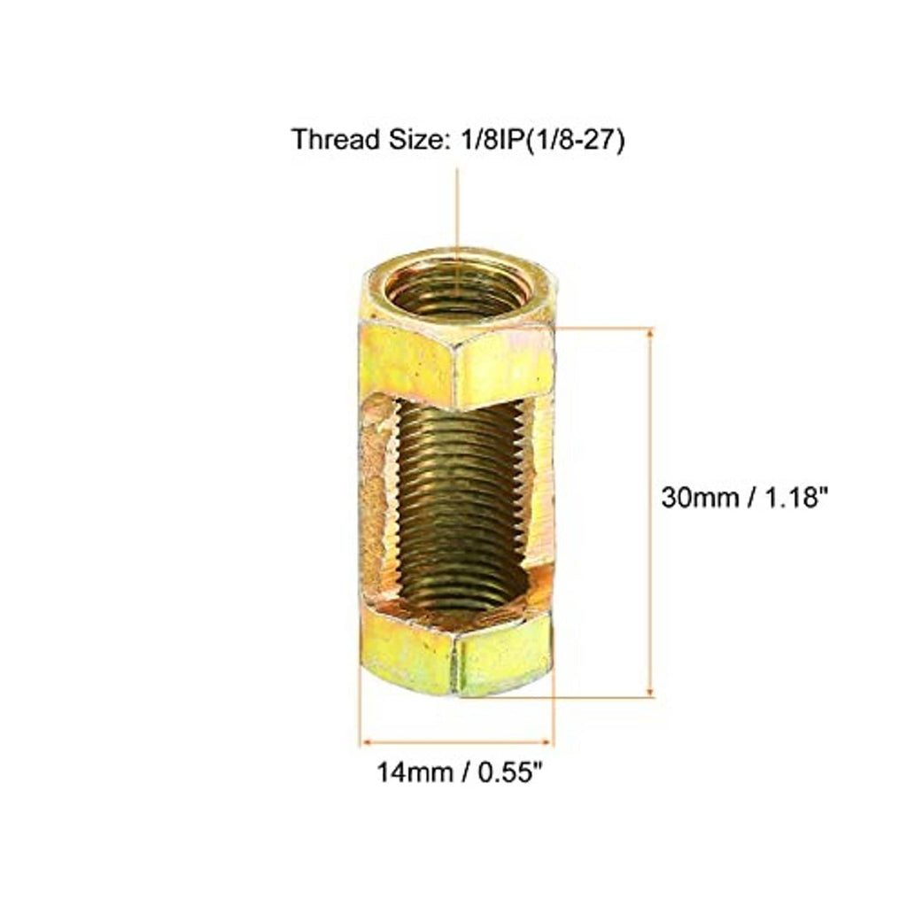 Hex coupling nut with female threads, zinc-plated steel, yellow-gold, shows size diagram