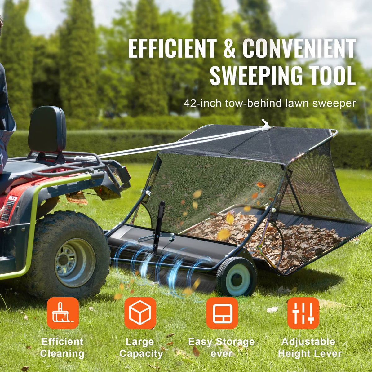 Tow-behind lawn sweeper attached to a tractor with mesh hopper on grass