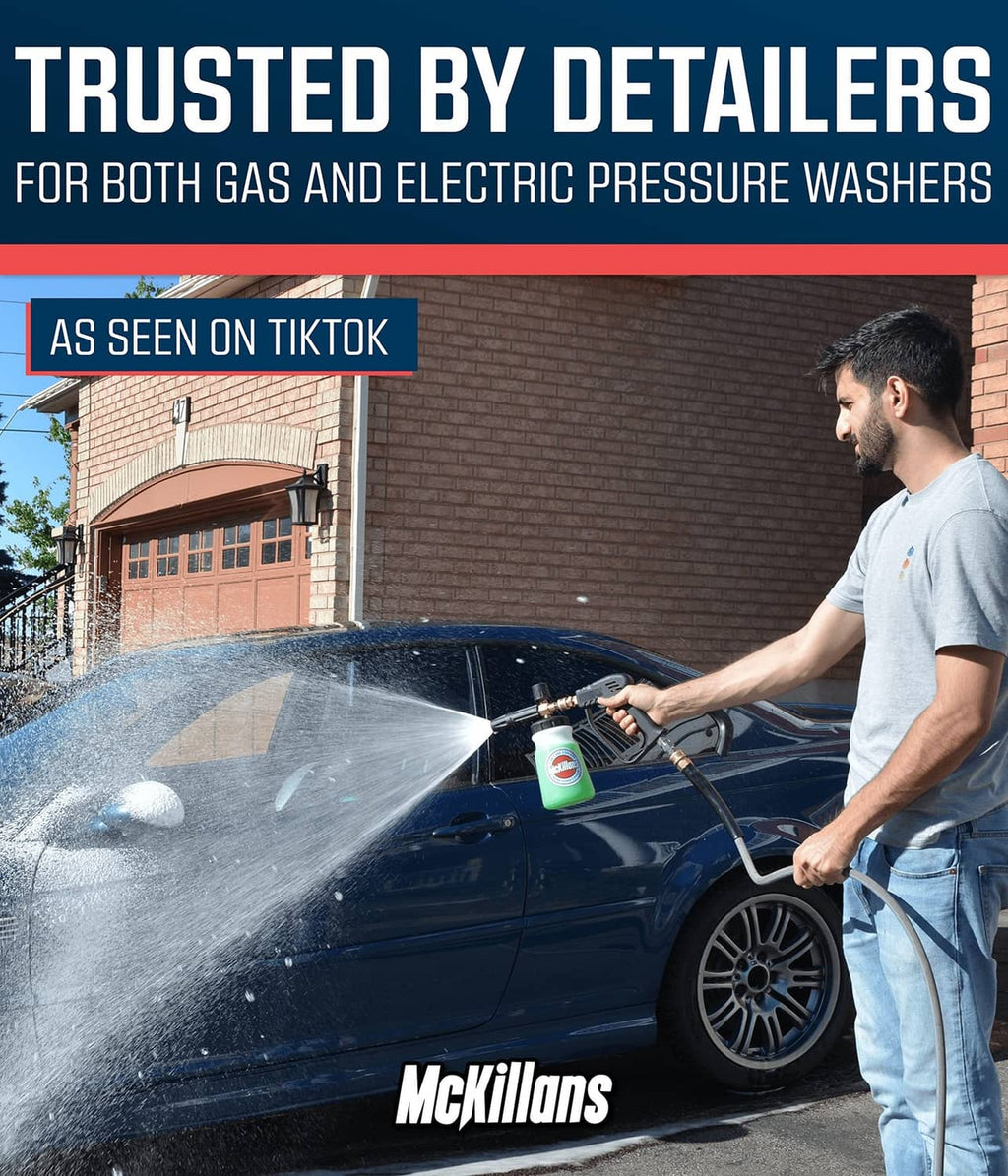 Foam cannon bottle and sprayer cleaning a car with thick soap suds