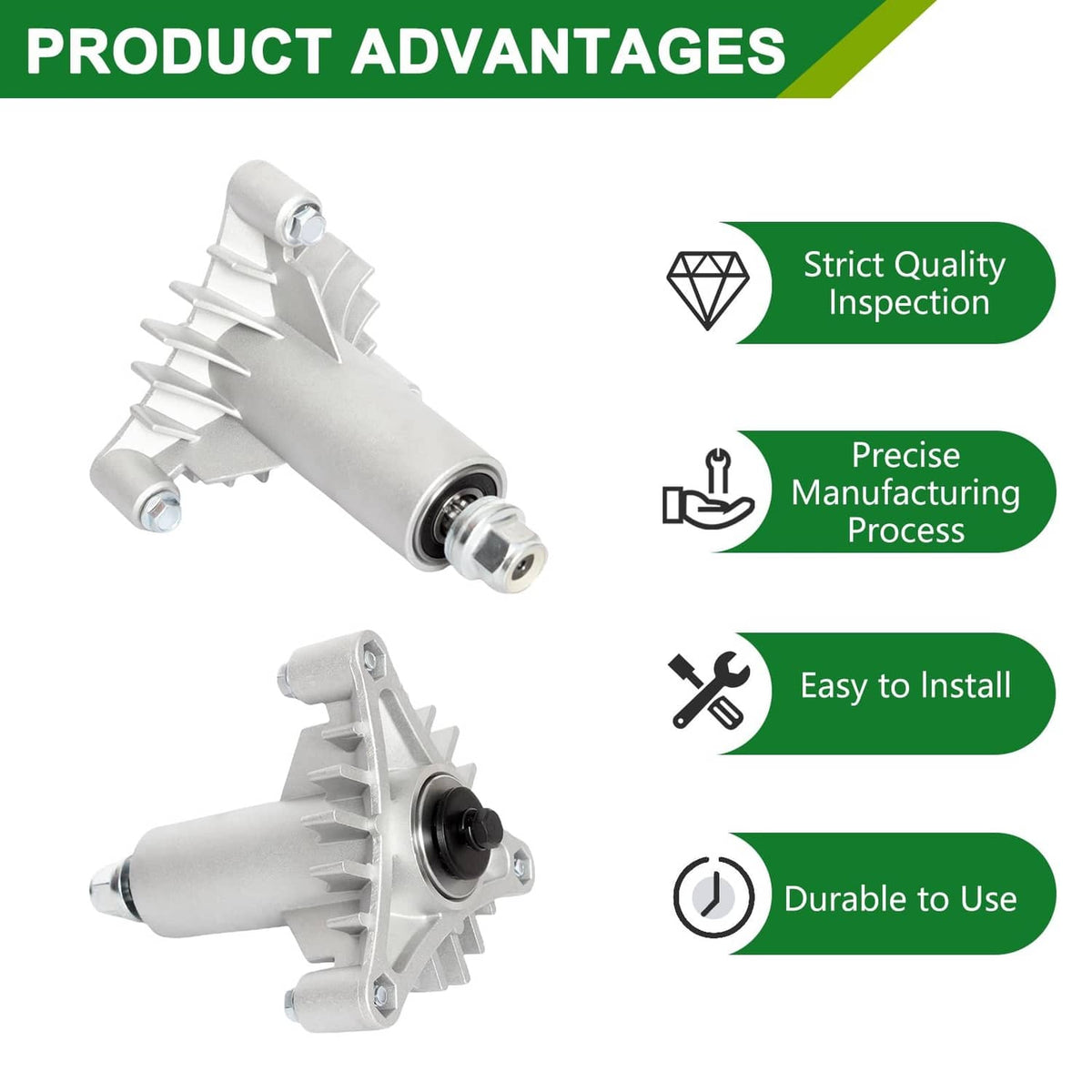 Mower spindle assembly with two mounting styles and connectors for blade installation