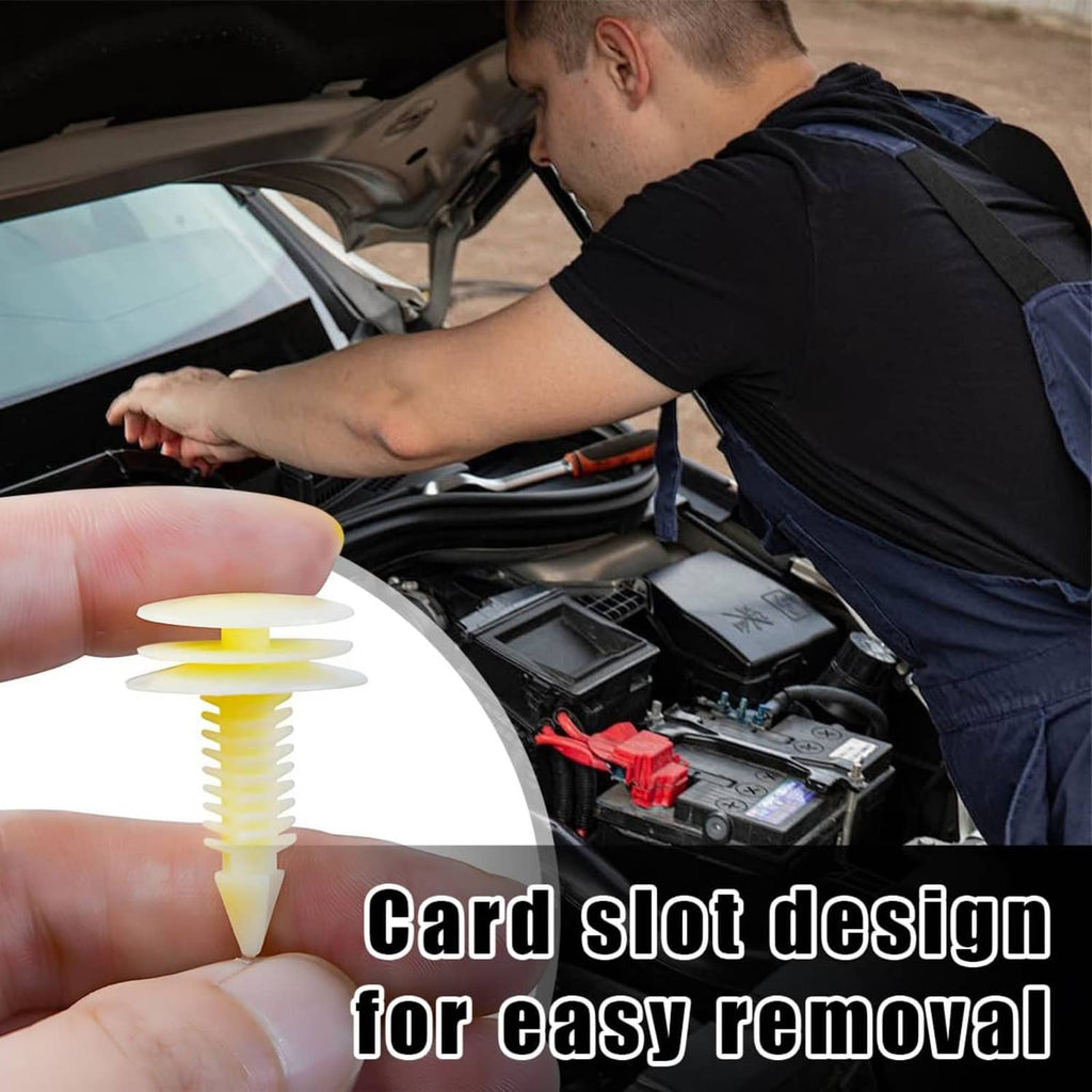 Light-yellow trim retainer clip held by hand for installation on a car engine bay panel.