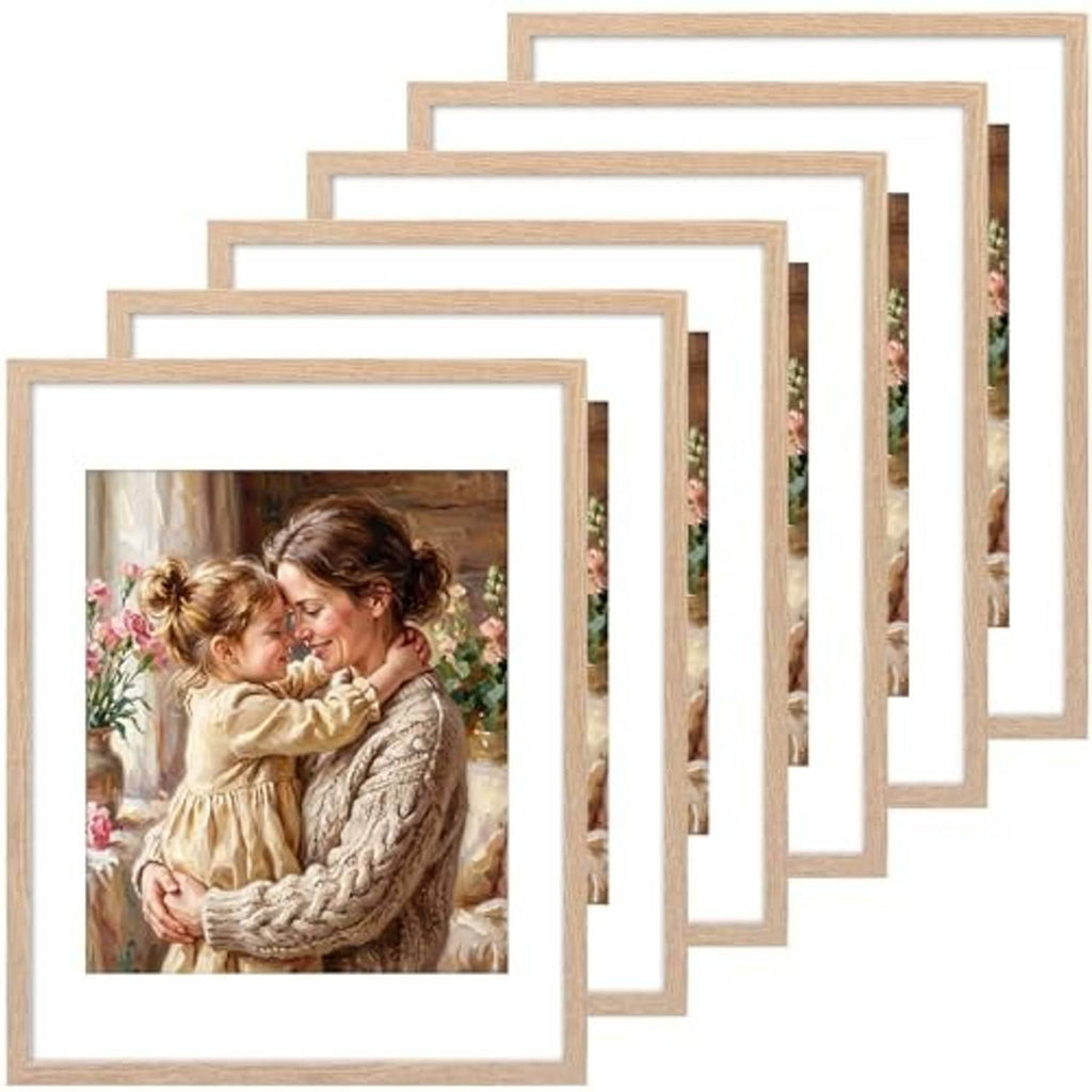 Natural wood-tone picture frames, set of 6 displayed in a staggered stack