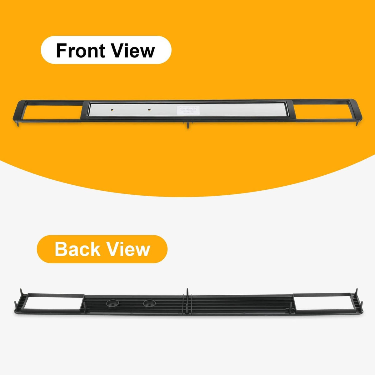 Dash A/C vent trim plate shown front and rear views, black frame with silver insert