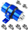 Blue inline fuel filter with bracket and AN fittings, billet aluminum body