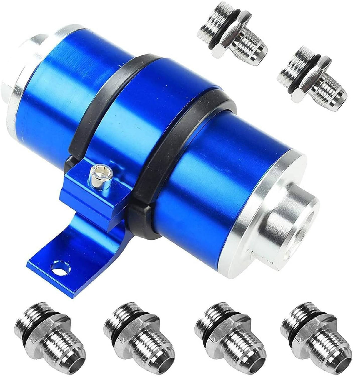 Blue inline fuel filter with bracket and AN fittings, billet aluminum body