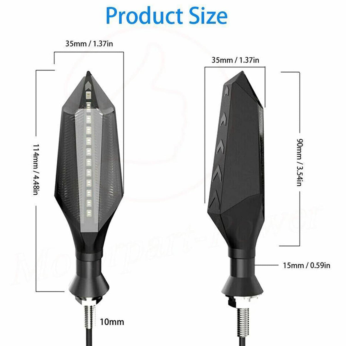 Dimensions of a black motorcycle LED turn signal light with threaded mounting stud