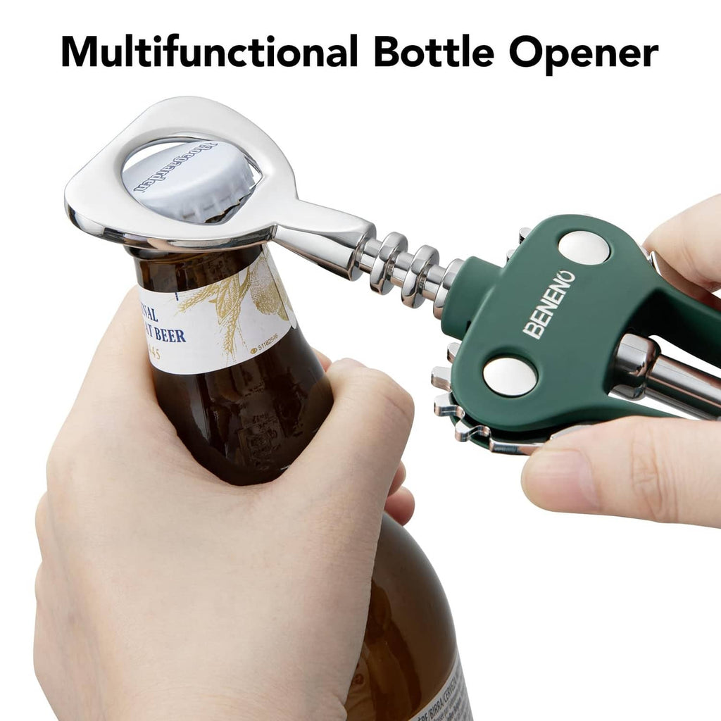 Dark green and chrome wing bottle opener gripping a wine bottle cork