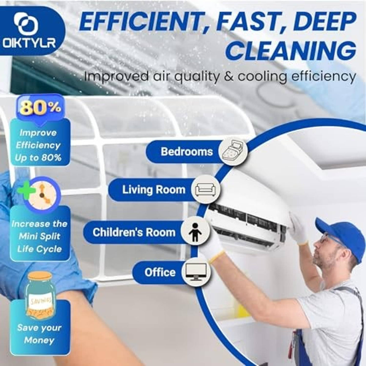 Technician using mini-split cleaning funnel cover to clean an air conditioner unit