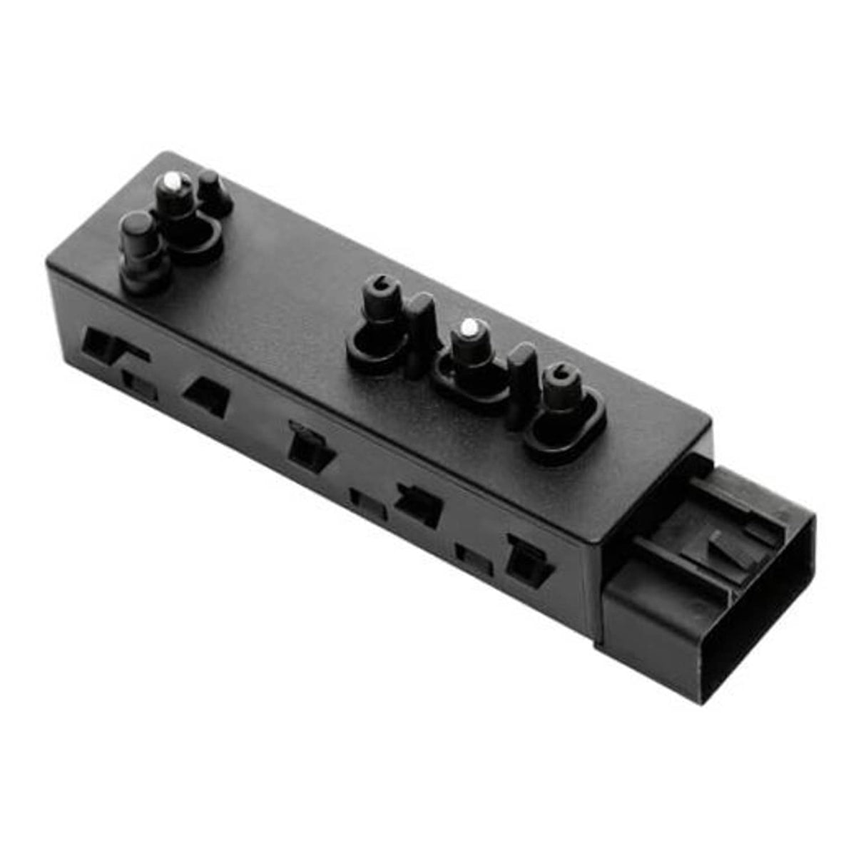 Power seat control switch with black panel and rocker knob buttons, mounting plug connector