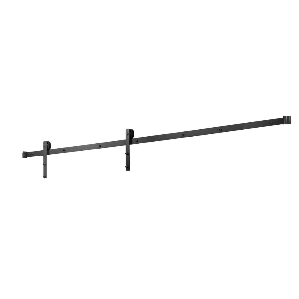 Black sliding barn door hardware rail with end bracket and mounting holes