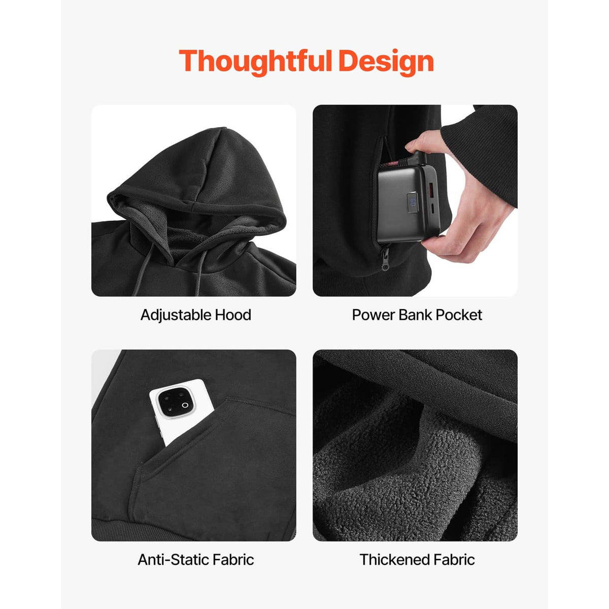 Heated hoodie jacket features: adjustable hood, power bank pocket, anti-static fabric