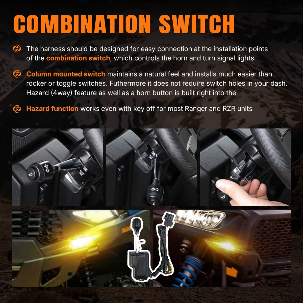UTV turn signal and horn kit combination switch with wiring harness and connectors