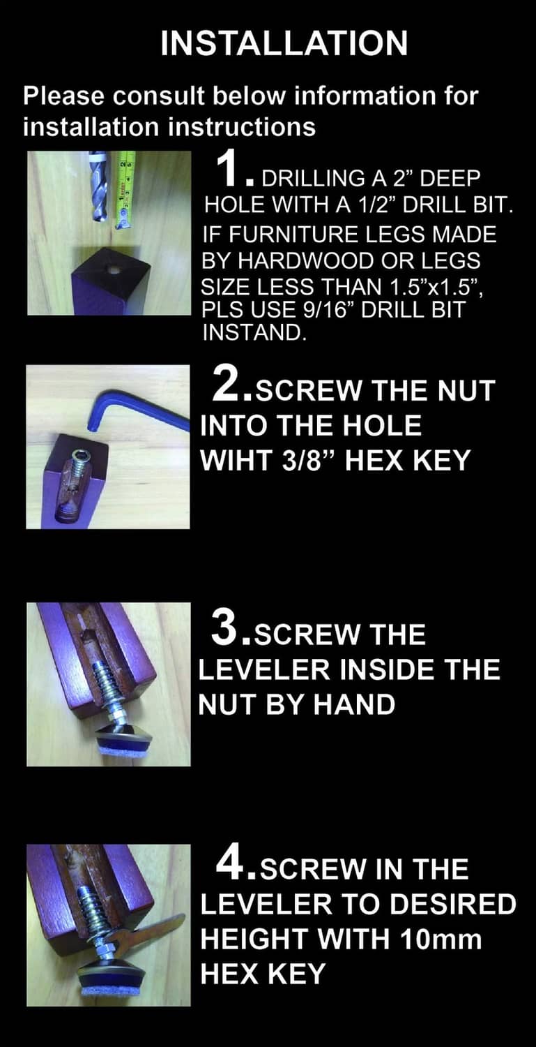 Installation guide card with step-by-step diagrams for adjustable furniture levelers