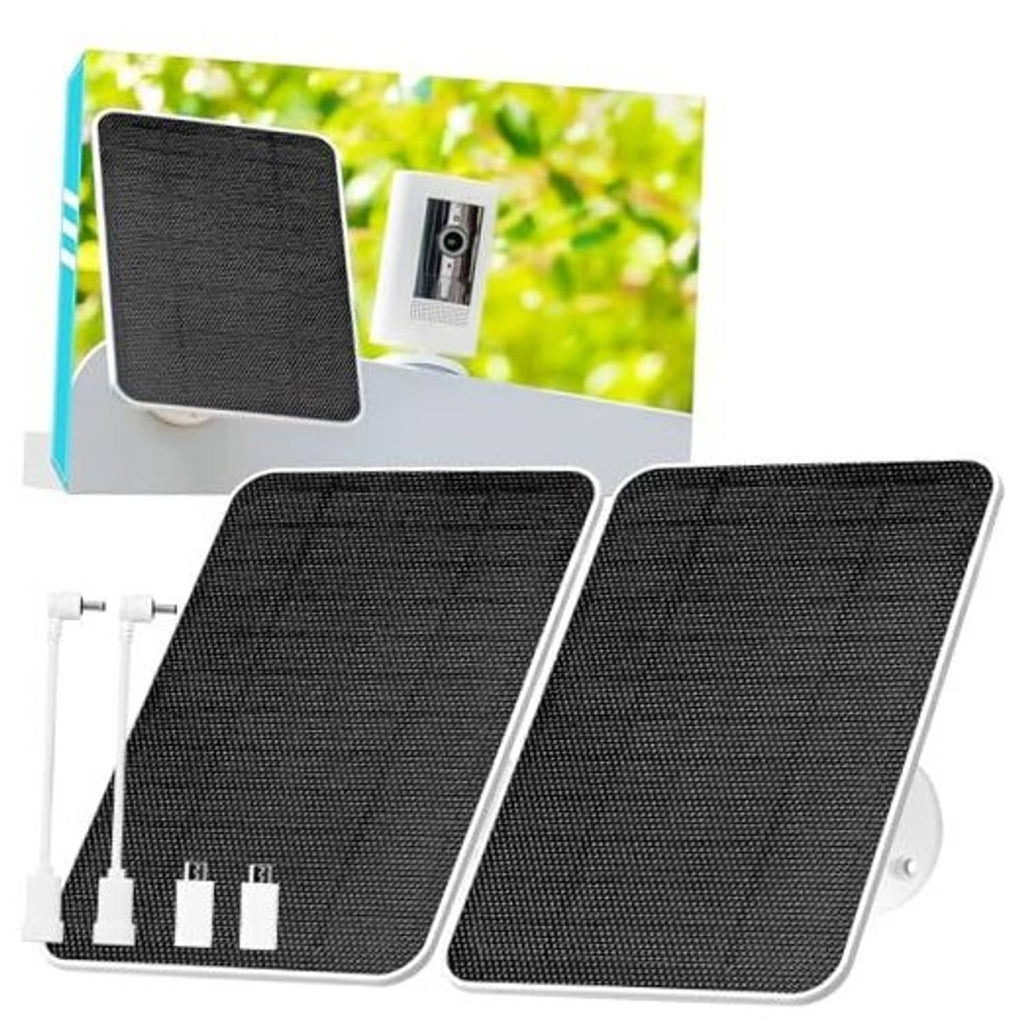 Solar panel kit with two dark textured panels and wall-mount brackets, with cable adapters