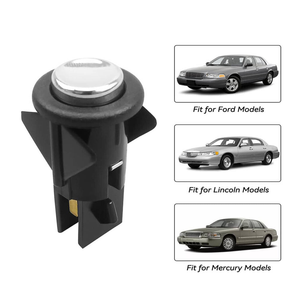 Black fuel door release switch with chrome head, front view