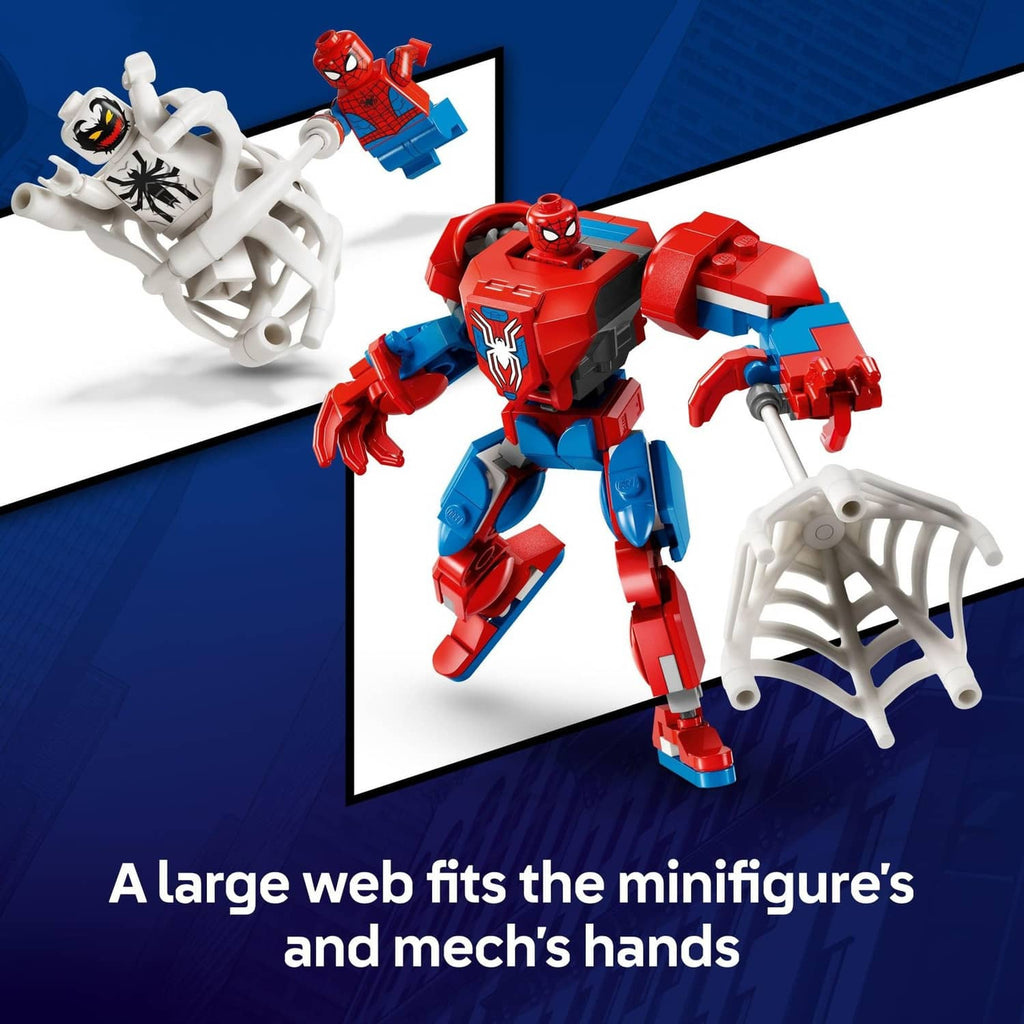 LEGO Marvel mech toy with red-blue body, large white web hands, and webbed minifigure