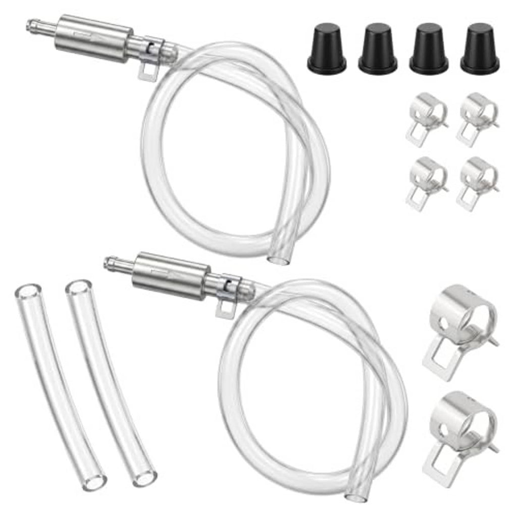 Brake bleeder hose kit bundle with two clear tubes, silver check valves, black caps, clamps