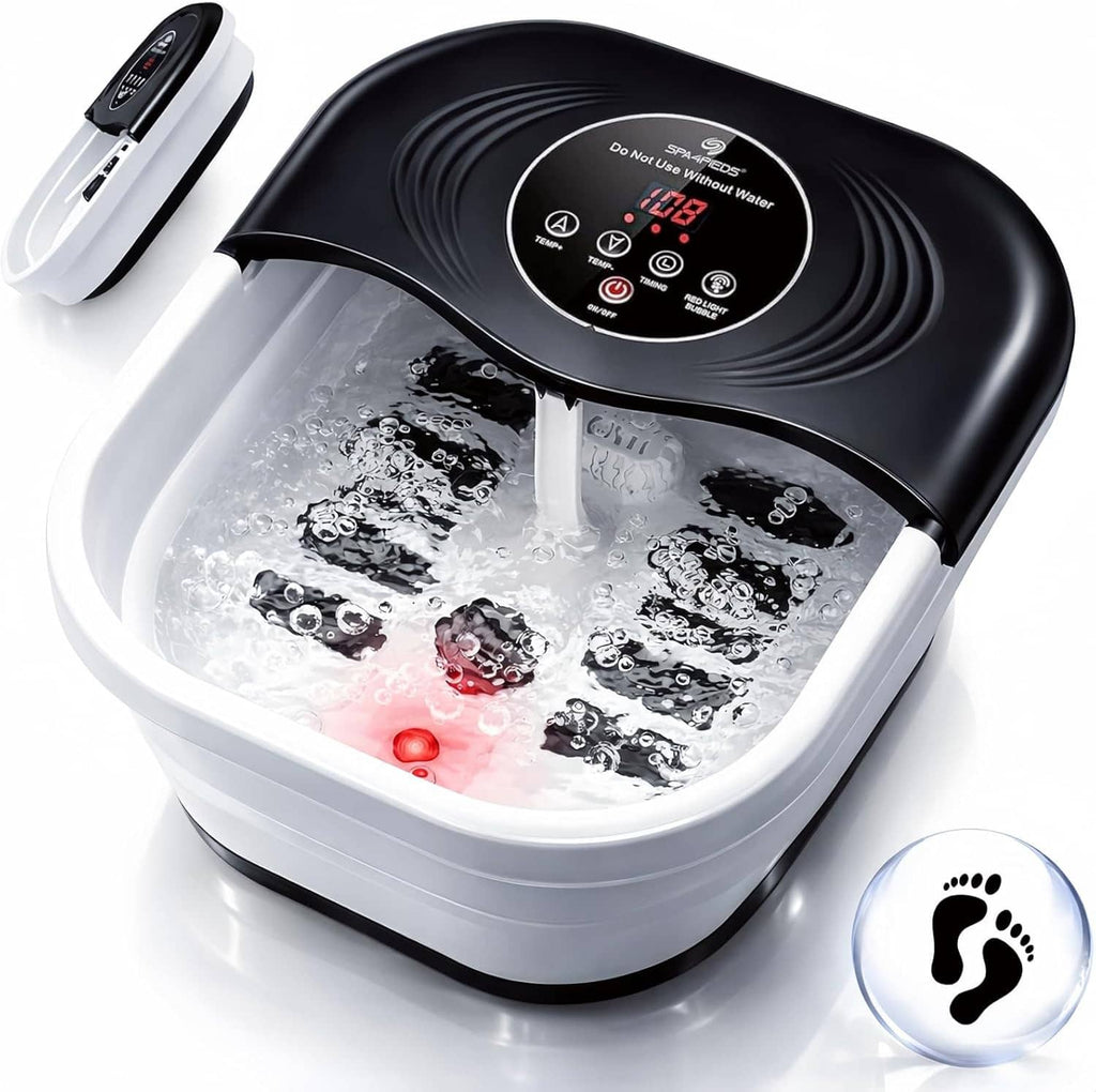 Heated foot spa with bubble jets, black lid, and red light in white basin