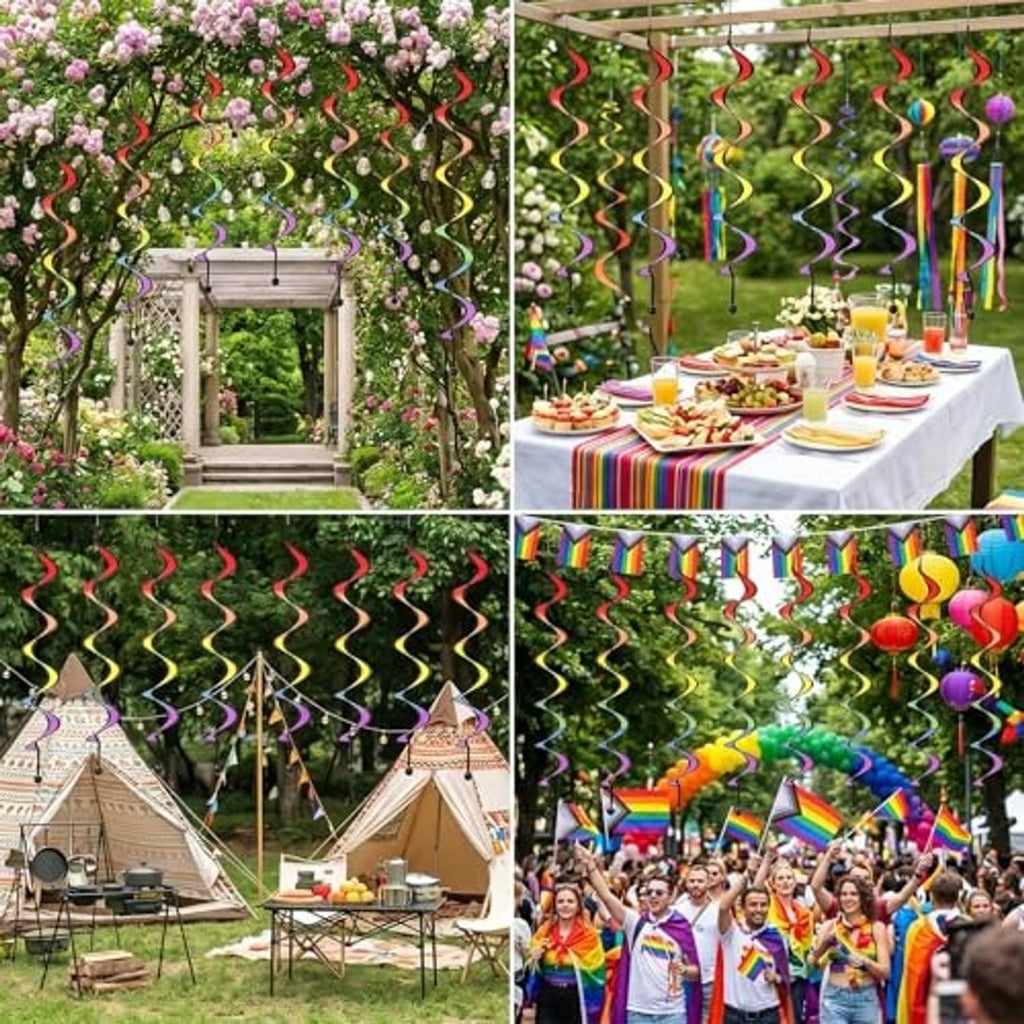 Rainbow wind spinners hanging in an outdoor event yard above picnic tables