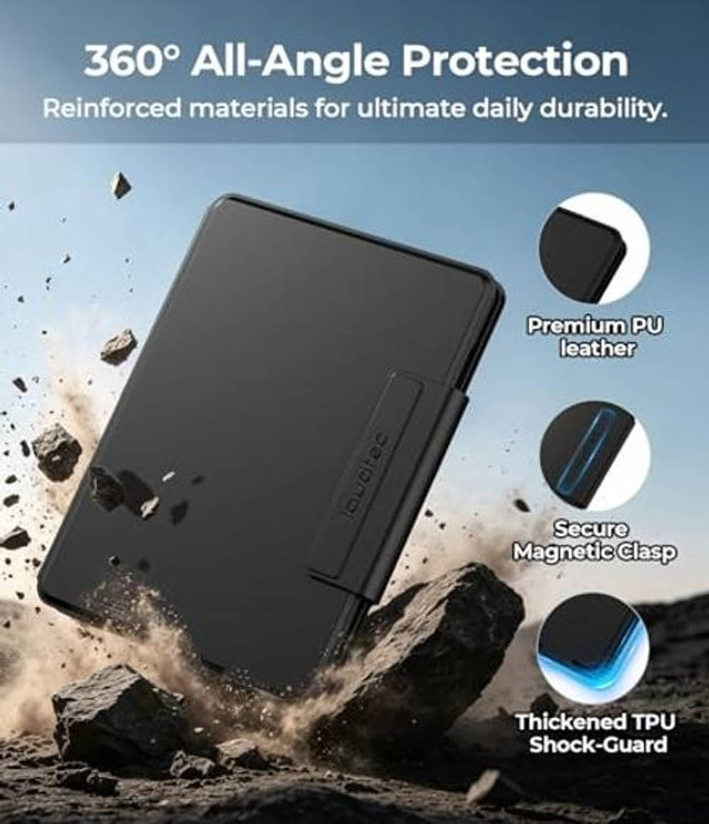 Black folio keyboard case with reinforced edges for shock protection