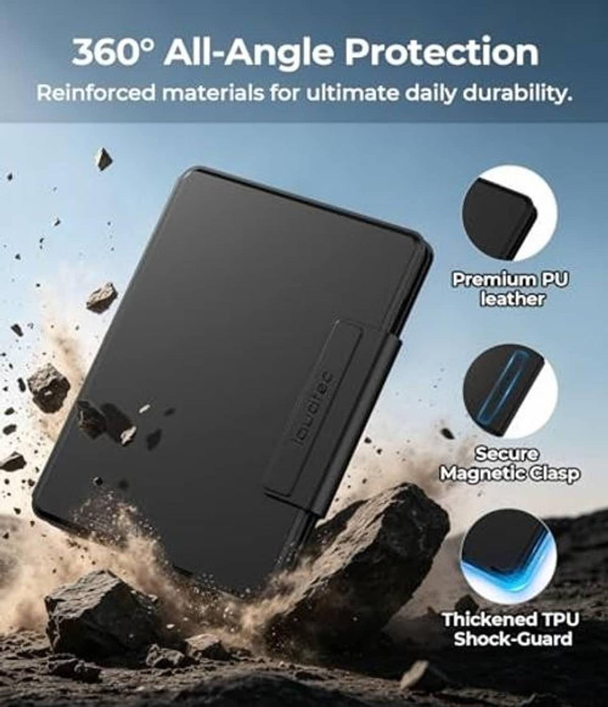 Black folio keyboard case with reinforced edges for shock protection