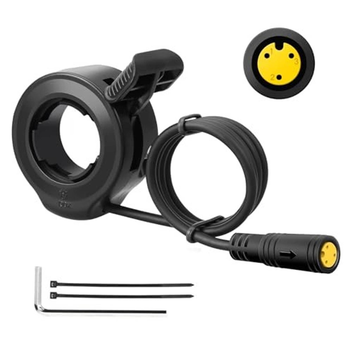 Thumb throttle grip kit with coiled cable and black ring housing, plus yellow 3-pin connector