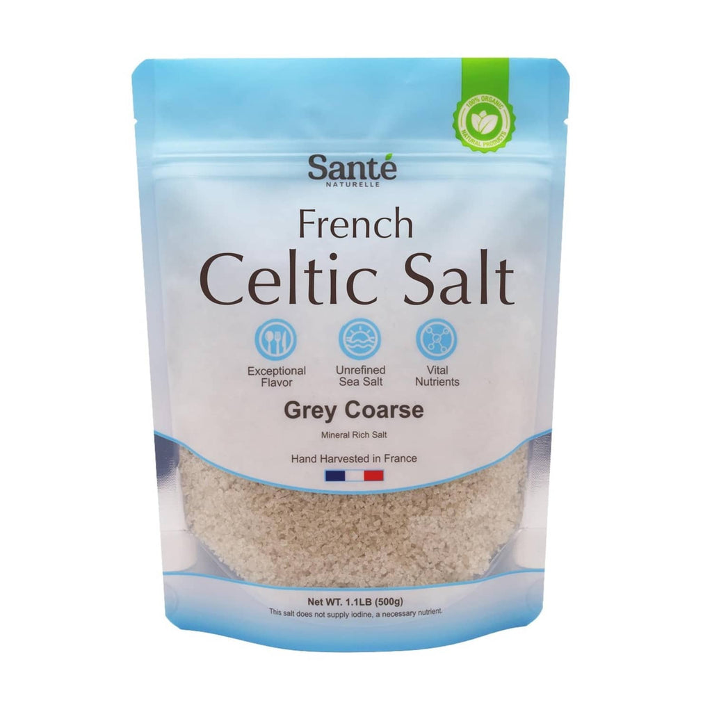 Grey coarse sea salt in Sante pouch, resealable stand-up bag