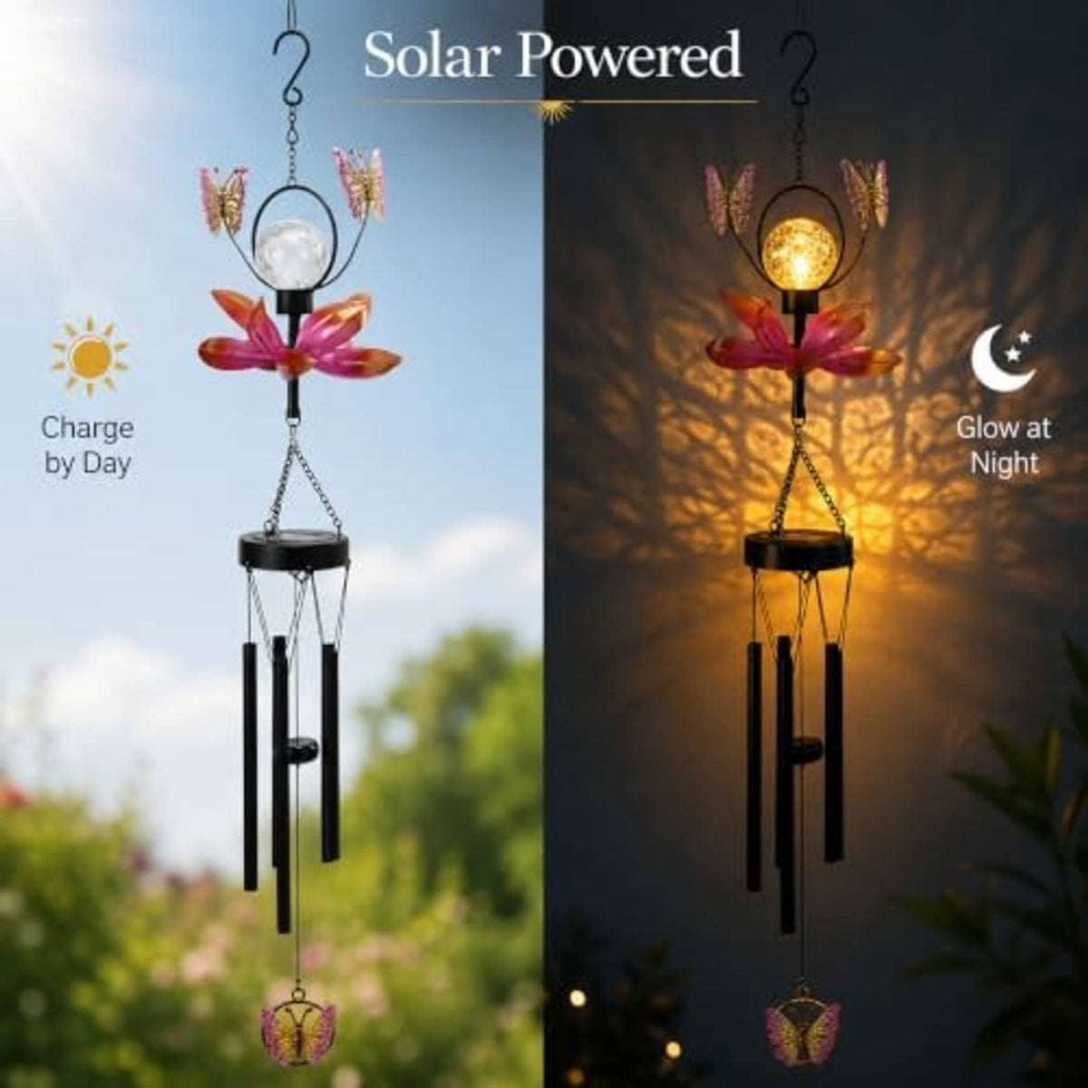 Solar powered wind chime with butterfly flower spinner and glowing crackle globe at night