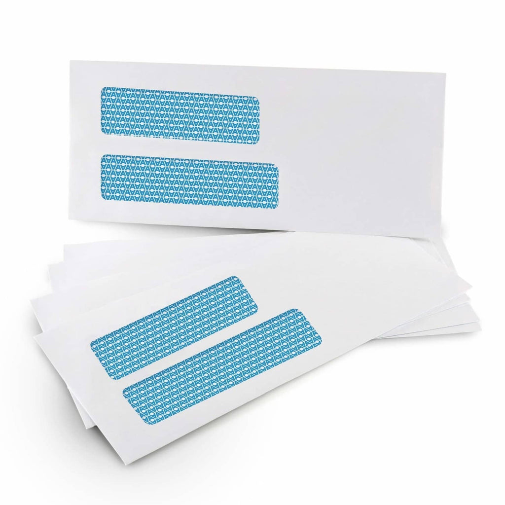 Security envelopes with two blue security windows, white self-seal mailers, stacked set