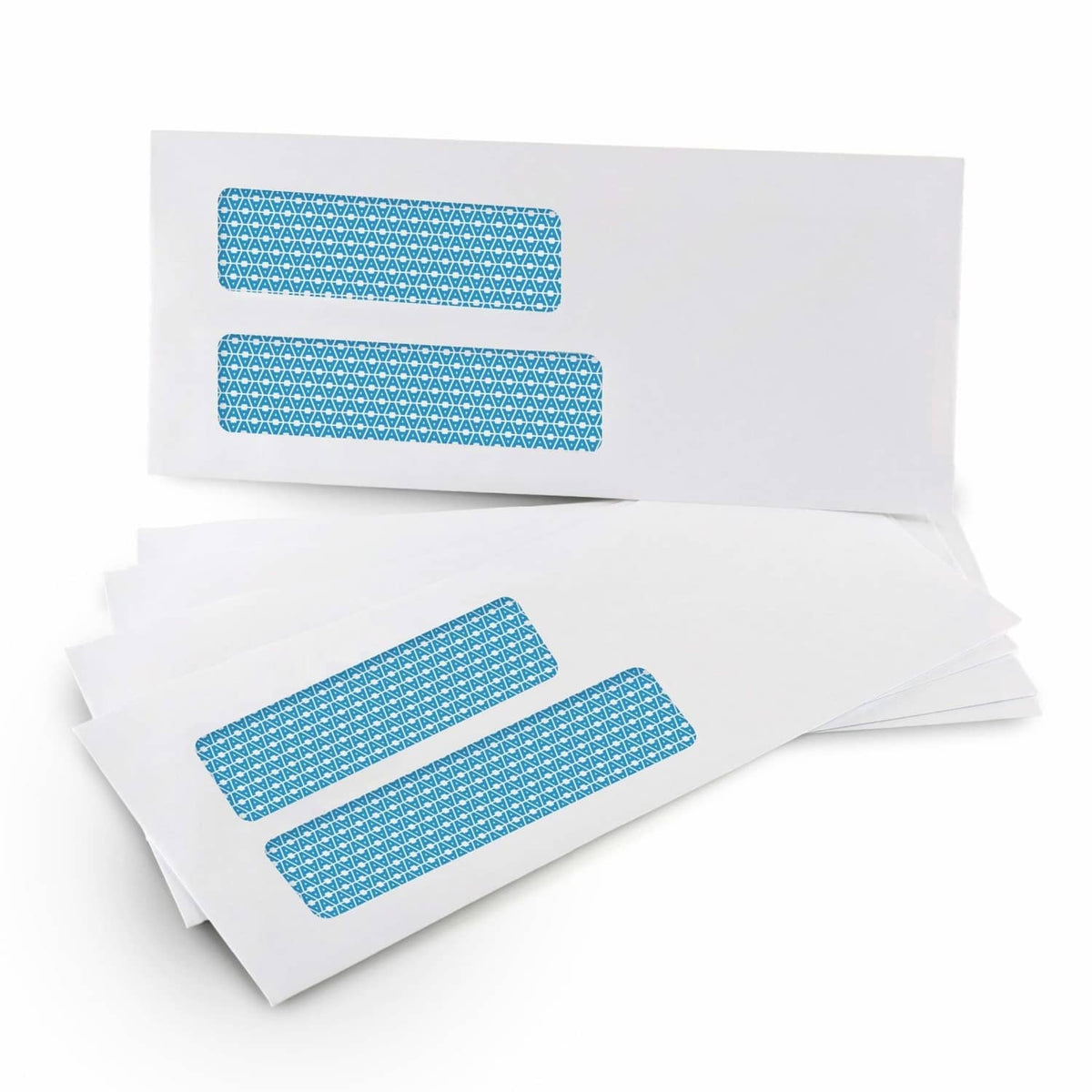 Security envelopes with two blue security windows, white self-seal mailers, stacked set