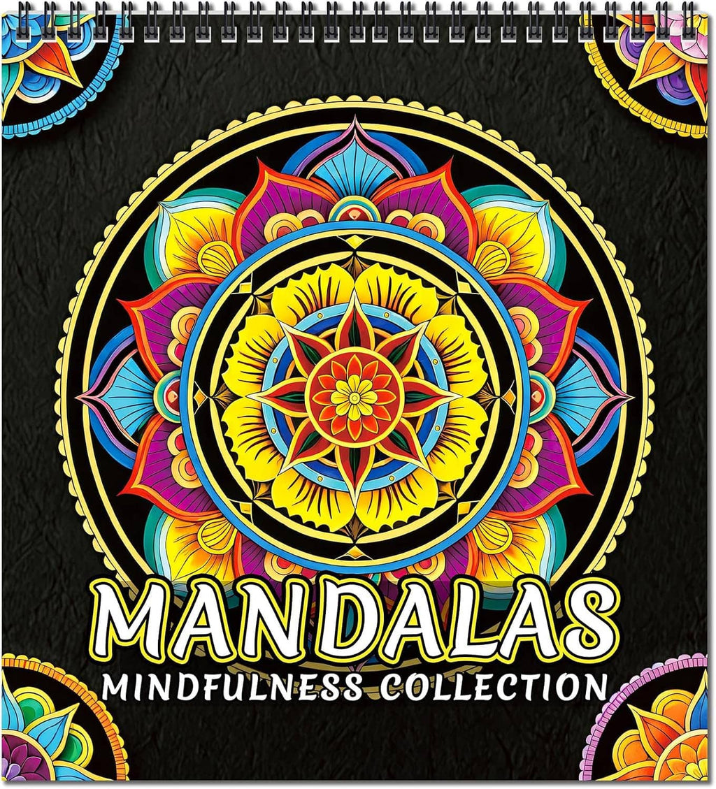 Adult mandalas coloring book cover, black background with bright floral mandala