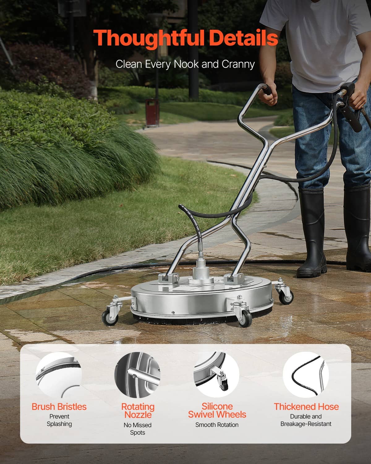 Pressure washer surface cleaner being pushed on a walkway with dual handle
