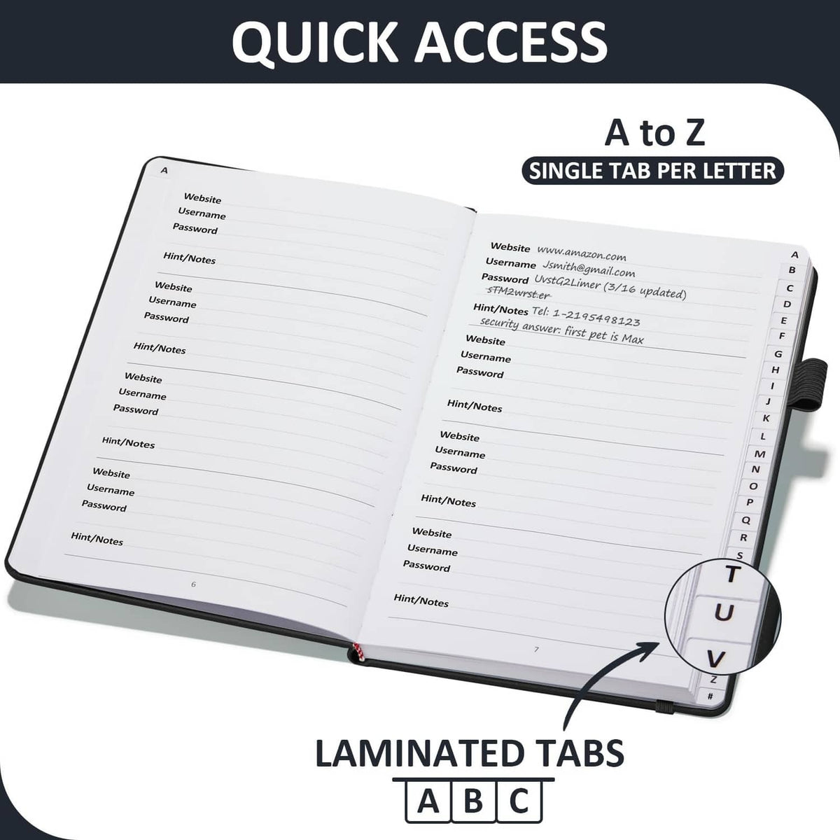 Password notebook with laminated A-Z tabs, open entry lines and hint sections.