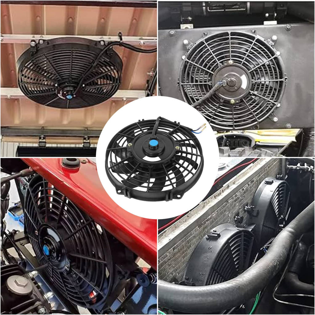 Black 12V radiator cooling fan mounted in engine bay with visible wiring