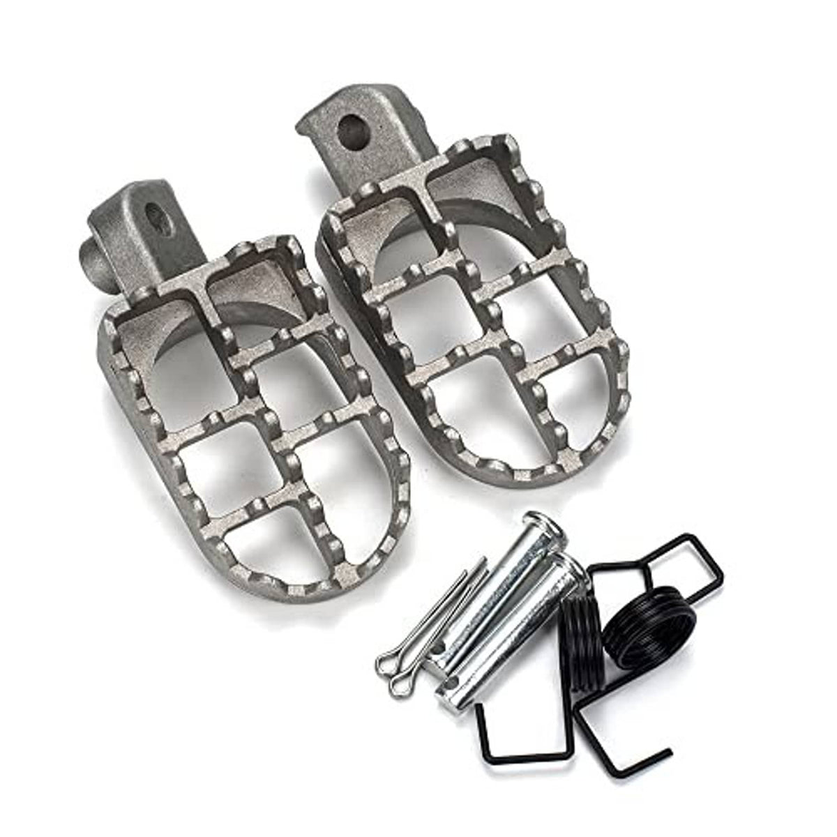 Pair of silver aluminum footpegs with open traction design and mounting studs