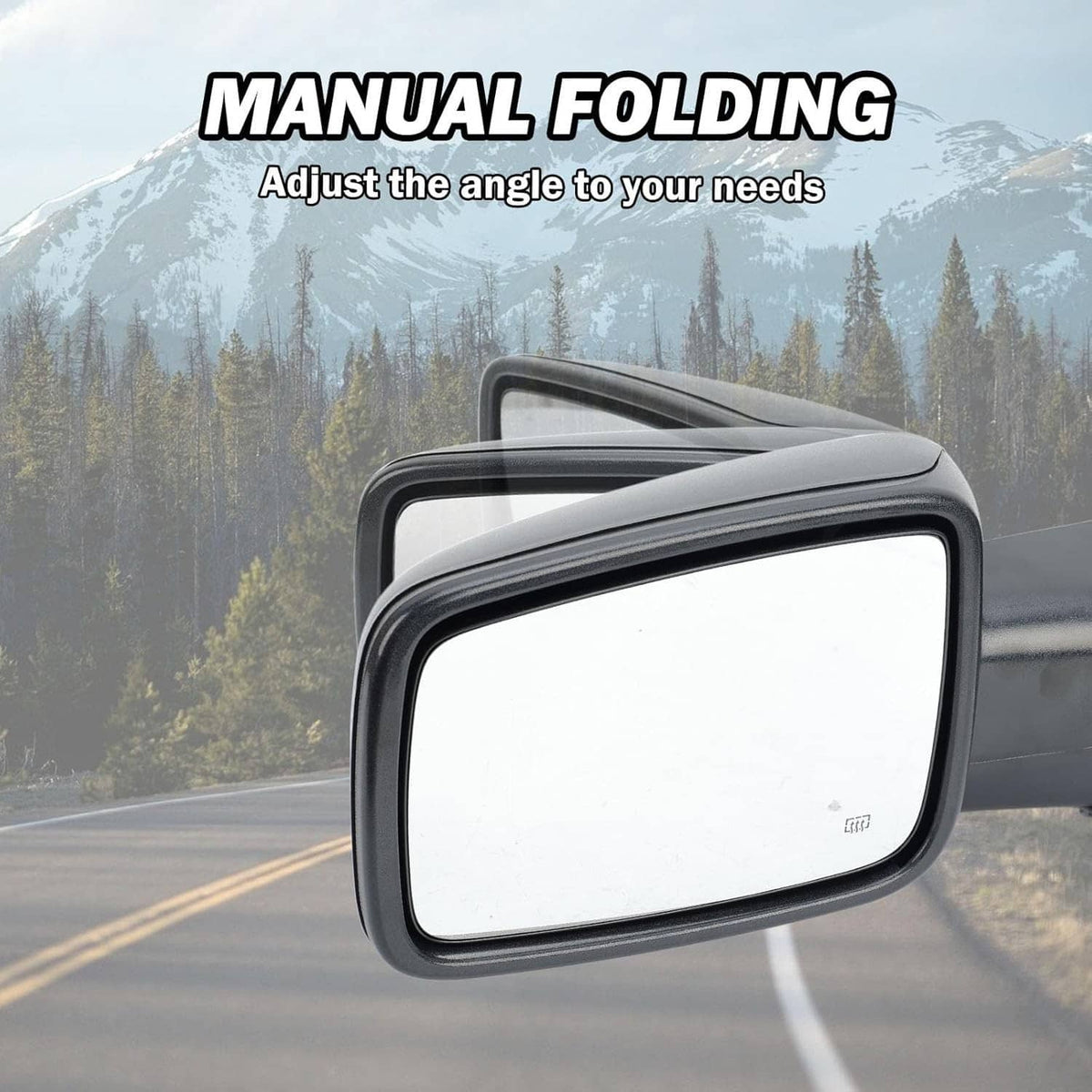 Left driver side heated fold mirror assembly, black housing with clear glass panel