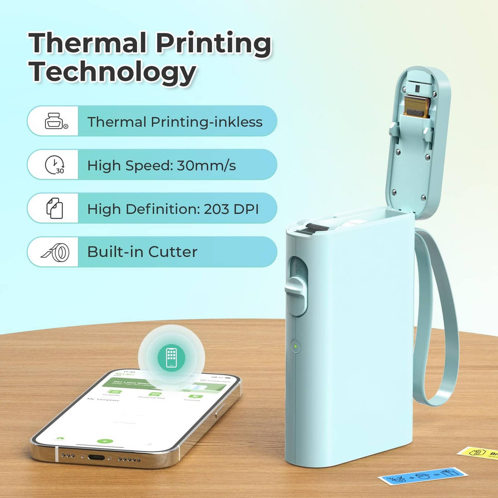Cyan handheld thermal label maker with printed label strip and built-in cutter