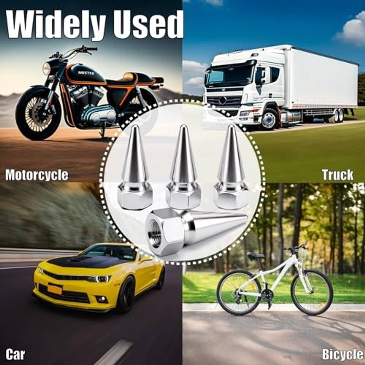 Silver spiked tire valve stem caps set of four for cars, trucks, motorcycles, bikes