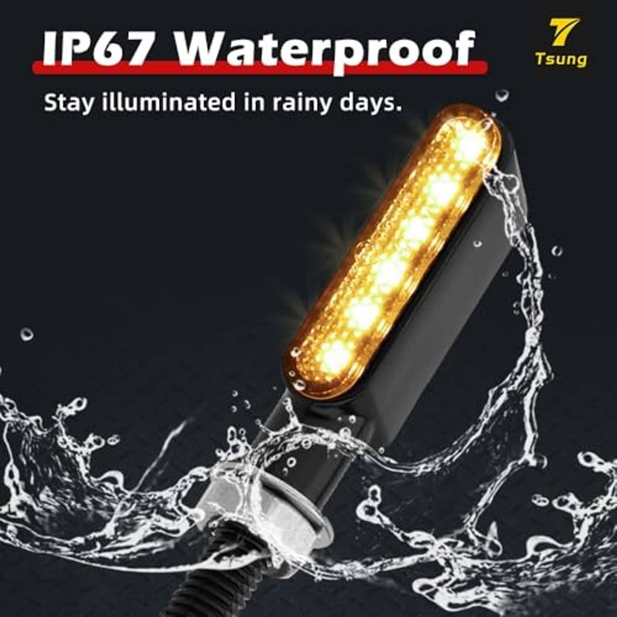 Amber LED turn signal with black housing, water-resistant design