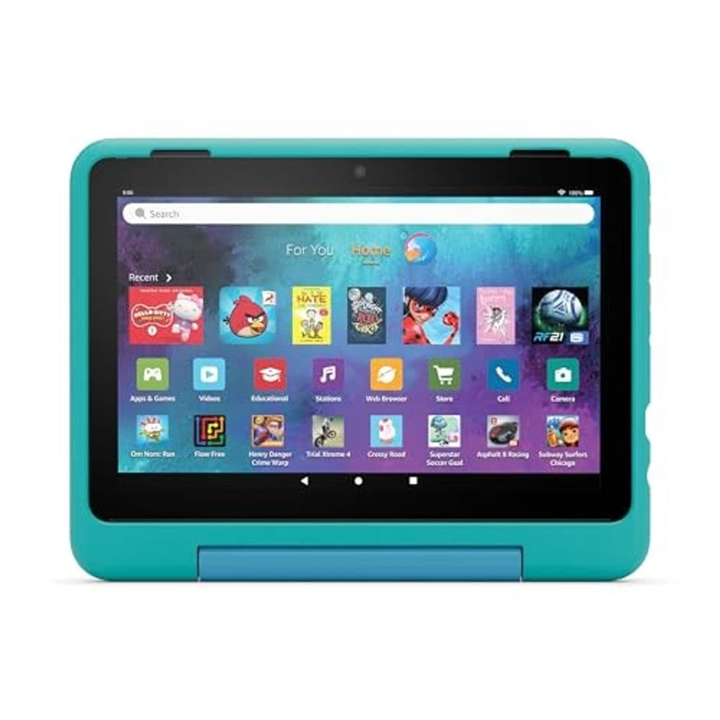 Teal kid tablet case with front stand and tablet screen on