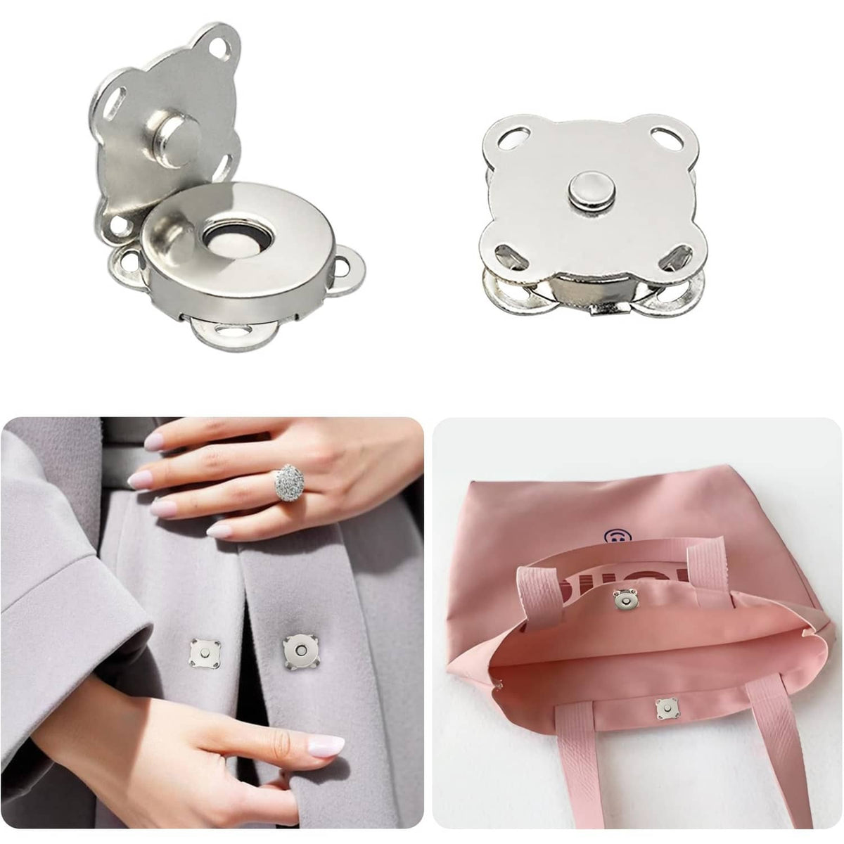 Silver magnetic snap buttons, bear-shaped metal plates with round center studs