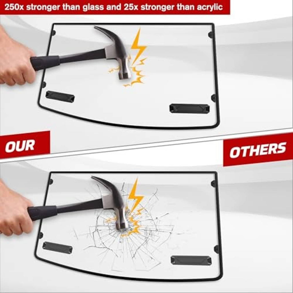 Front vented windshield impact-resistant panel, durable frame and mounting tabs
