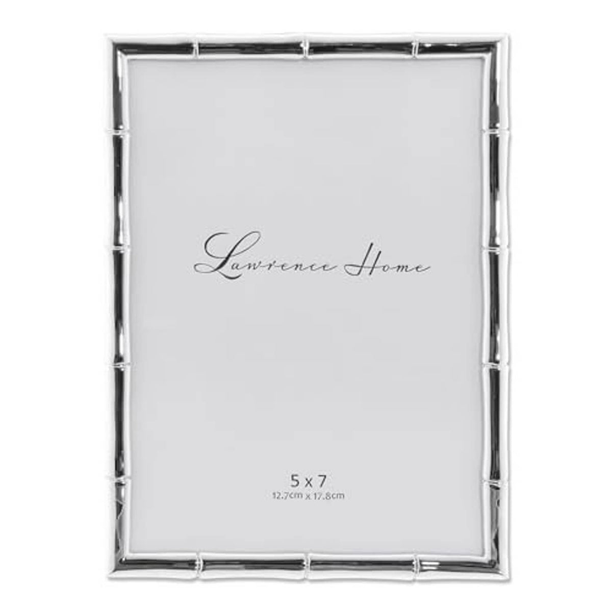 Silver bamboo-style metal 5x7 picture frame with glass and centered Lawrence Home text