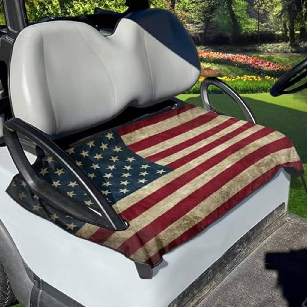 Golf cart seat cover towel with American flag stripes and stars draped on seat