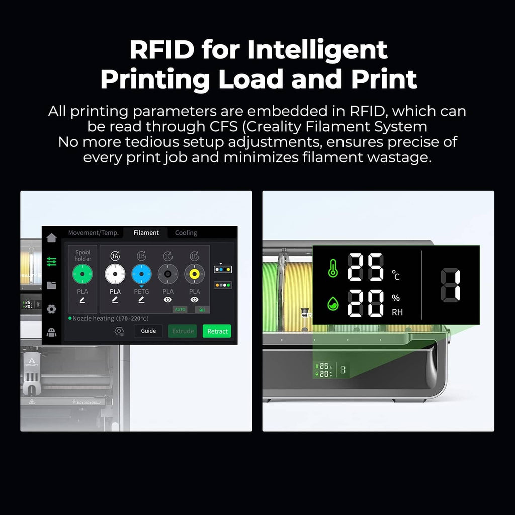 3D printer screen showing RFID printing load, temperature and humidity data